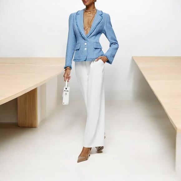 Fehaute-Women Blue Lapel Collar Buckle Tweed Blazer With Pockets Light Blue - Picture 2 of 4